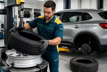 Profissional realizando a troca de pneus em um carro na borracharia em Trindade.